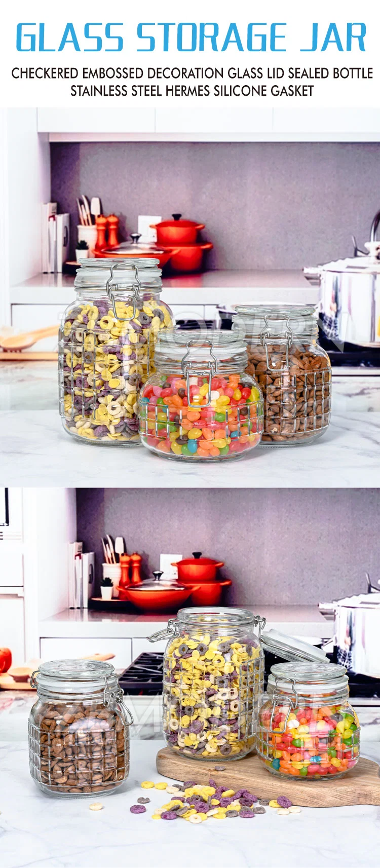 Checkered Decoration Glass Airtight Food Container Glass Jar Storage Containers Set Locking Clamp Lids Wide Mouth Jars Canisters