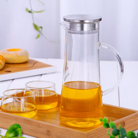 Caraffa da 1,5 l 2 l per ghiaccio freddo e acqua calda, succhi di frutta, latte, limone, brocca in vetro con tappo in acciaio inossidabile e manico di bollitore in vetro